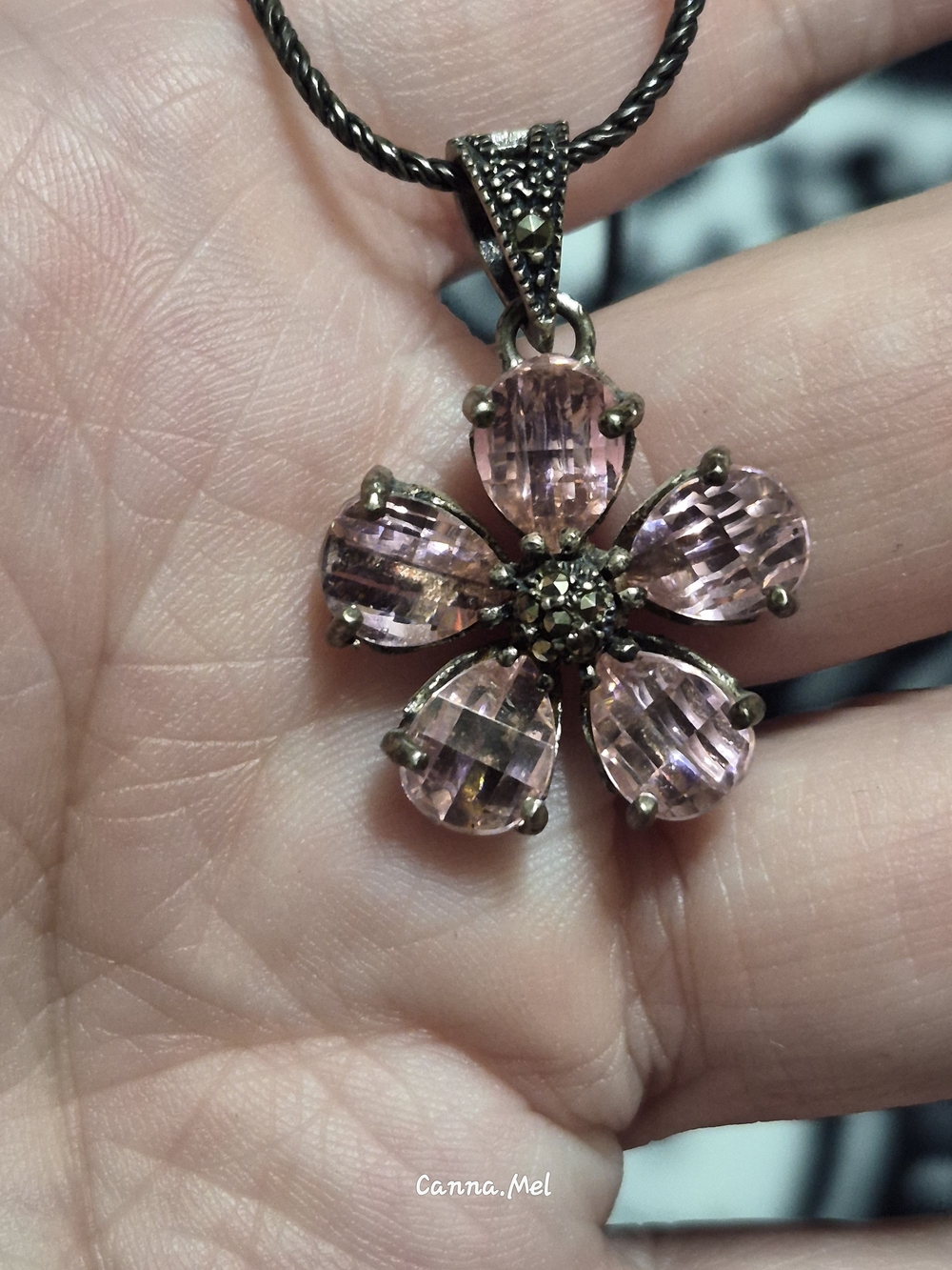 Vintage 925 Pink Crystal Flower Pendant Necklace